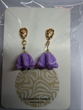 Hawaiian Crown Flower 18K Gold Plated Purple/Green Earrings w/French earing hook
